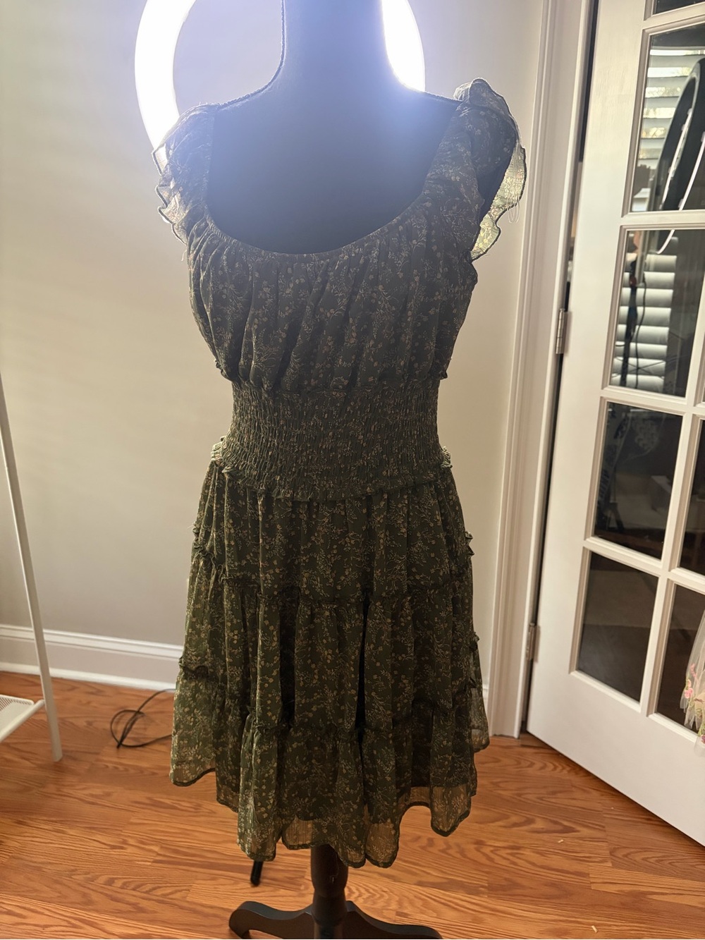 Trixxi Olive Floral Smocked Tiered Midi Dress